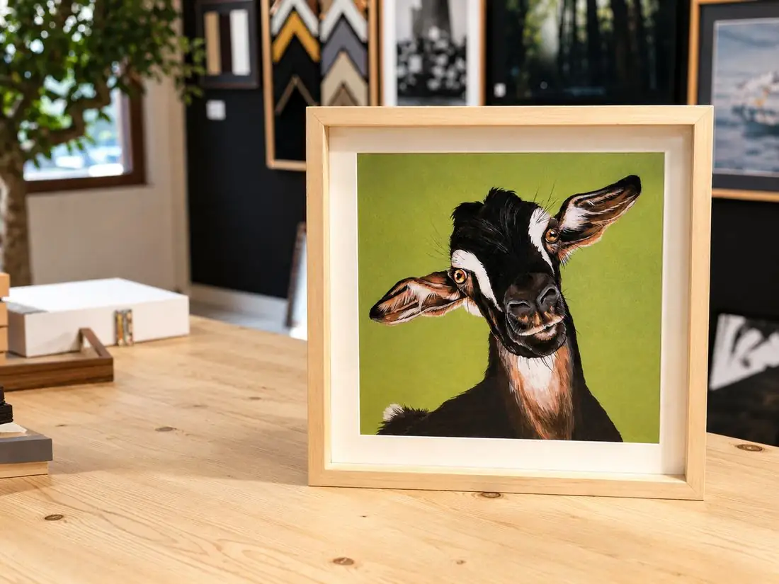 Ilustración de una cabra enmarcada en madera clara, sobre la mesa del showroom